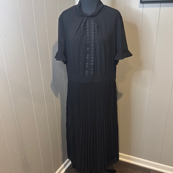 Talbots sheer black crepe lined pleated skirt lace & pintuck bodice midi. NWT. - Picture 1 of 9